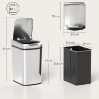 HOMCOM Coș de Gunoi 12L cu Senzor Infraroșu și Recipient Detasabil, din Oțel Inoxidabil, ABS și PP, 28x22x41 cm, Argintiu(m-3)