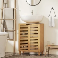 HOMCOM Under Sink Bathroom Cabinet, Freestanding Bamboo Under Sink Cabinet with Louvered Doors and Adjustable Shelf, Natural(m-9)