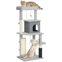 PawHut Copac pentru Pisici Multifuncțional, Înalt de 132 cm, cu Căsuță, Pat, Stâlpi de Zgâriat, Perie și Minge, Gri(m-11)