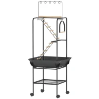 PawHut Parque de Juegos de Pájaros con Ruedas Escaleras Columpio Protector de Semillas Bandeja Comederos Perchas 63x63x163 cm(m-11)