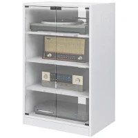 HOMCOM 4-Tier Hi-Fi Stand,  Record Player Stand with Adjustable Shelves and Push-to-Open Glass Doors, White Wood-Effect(m-11)