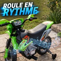HOMCOM Moto électrique enfants, moto cross pour enfants avec batterie 6 V, phares, musiques et roues d'entraînement, 3 à 6 ans, charge 25KG, vert et noir(m-7)