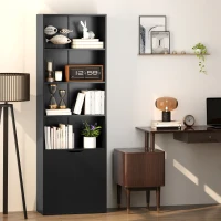 HOMCOM Estantería para Libros de 6 Niveles Librería con Puertas 4 Estantes Abiertos para Salón Estudio 59x29x180 cm Negro(m-2)