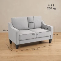 HOMCOM Canapea modernă cu 2 locuri, compactă, din țesătură cu efect de in, 136x77x86 cm, gri deschis(m-3)