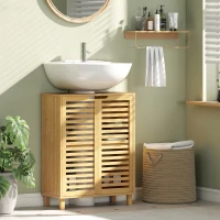 HOMCOM Under Sink Bathroom Cabinet, Freestanding Bamboo Under Sink Cabinet with Louvered Doors and Adjustable Shelf, Natural(m-2)