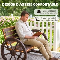 Outsunny Banc de Jardin banc 3 places banc en bois Style Rustique Chic accoudoirs Roues Charette Bois Sapin traité carbonisation(m-7)