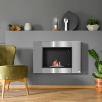 HOMCOM Cheminée bioéthanol Murale encastrable brûleur 0,9 L, environ 3 h de durée de combustion 80L x 14l x 54H cm Couverture 25-30 m² Acier inox(m-2)
