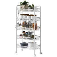 HOMCOM Carrito Auxiliar con Ruedas de 5 Niveles con Cestas de Malla Extraíbles y Marco de Acero 45x26,5x106 cm Blanco(m-11)