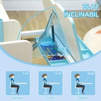 HOMCOM Set de birou si scaun cu inaltime reglabila Birou de scriere pentru copii masa de studiu pentru scoala cu raft, sertar, suport pentru stilouri, albastru(m-5)