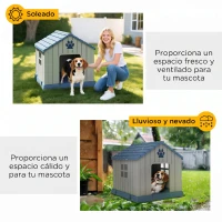 PawHut Caseta para Perros Medianos Exterior de Plástico Impermeable con 2 Ventanas Base Elevada Estacas 85x79x82 cm Gris(m-6)
