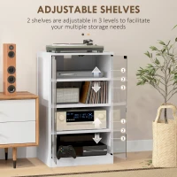 HOMCOM 4-Tier Hi-Fi Stand,  Record Player Stand with Adjustable Shelves and Push-to-Open Glass Doors, White Wood-Effect(m-4)
