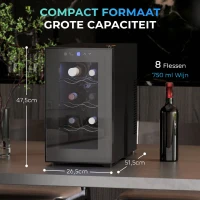 HOMCOM Wijnkoeler voor 8 flessen, 21L, thermo-elektrisch, verstelbare rekken, LED-verlichting, zwart(m-3)