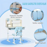 HOMCOM Set de birou si scaun cu inaltime reglabila Birou de scriere pentru copii masa de studiu pentru scoala cu raft, sertar, suport pentru stilouri, albastru(m-7)