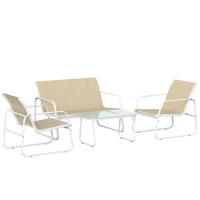 Outsunny Conjunto Jardín Exterior de 4 Piezas con Sofá de 2 Plazas 2 Sillones Mesa de Vidrio Templado Tela Textilene Caqui(m-1)