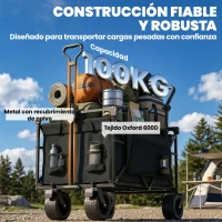 Outsunny Carro de Jardín Plegable con Ruedas Grandes Bloqueables Barra Ajustable Portavasos para Campaña 125x59x133 cm Negro(m-8)