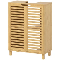 HOMCOM Under Sink Bathroom Cabinet, Freestanding Bamboo Under Sink Cabinet with Louvered Doors and Adjustable Shelf, Natural(m-11)