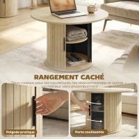 HOMCOM Table basse ronde, table de salon avec rangement, porte coulissante à lattes, 2 étagères, effet bois naturel(m-5)