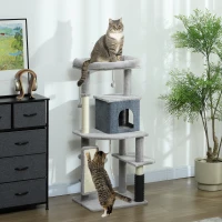 PawHut Copac pentru Pisici Multifuncțional, Înalt de 132 cm, cu Căsuță, Pat, Stâlpi de Zgâriat, Perie și Minge, Gri(m-10)
