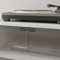 HOMCOM 4-Tier Hi-Fi Stand,  Record Player Stand with Adjustable Shelves and Push-to-Open Glass Doors, White Wood-Effect(m-9)