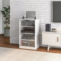HOMCOM 4-Tier Hi-Fi Stand,  Record Player Stand with Adjustable Shelves and Push-to-Open Glass Doors, White Wood-Effect(m-10)