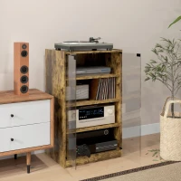 HOMCOM 4-Tier Hi-Fi Stand,  Record Player Stand with Adjustable Shelves and Push-to-Open Glass Doors, Rustic Brown(m-8)