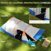 Outsunny Tente de camping tente tunnel 2 per. avec porche ventilée étanche 2000 mm 3 portes sac de transport inclus(m-4)