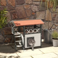 PawHut Cabane Chat Extérieur avec Terrasse, Escalier, Toit, Niche Villa, 77 x 50 x 73 cm Blanc et Rouge(m-14)
