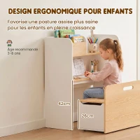 AIYAPLAY Bureau et Chaise pour Enfant 5 en 1 avec Bibliothèque et Banc Coffre à Roulettes, pour 3 à 8 Ans, Blanc(m-6)