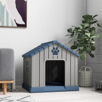 PawHut Caseta para Perros Medianos Exterior de Plástico Impermeable con 2 Ventanas Base Elevada Estacas 85x79x82 cm Gris(m-9)