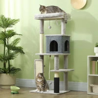 PawHut Copac pentru Pisici Multifuncțional, Înalt de 132 cm, cu Căsuță, Pat, Stâlpi de Zgâriat, Perie și Minge, Gri(m-2)