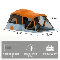 Outsunny Tienda de Campaña Familiar Tipo Túnel para 4 Personas con 2 Habitaciones Puertas Tragaluces Impermeable Fácil Montaje(m-3)