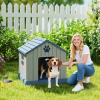 PawHut Caseta para Perros Medianos Exterior de Plástico Impermeable con 2 Ventanas Base Elevada Estacas 85x79x82 cm Gris(m-2)