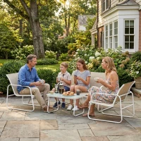 Outsunny Conjunto Jardín Exterior de 4 Piezas con Sofá de 2 Plazas 2 Sillones Mesa de Vidrio Templado Tela Textilene Caqui(m-8)