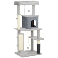 PawHut Copac pentru Pisici Multifuncțional, Înalt de 132 cm, cu Căsuță, Pat, Stâlpi de Zgâriat, Perie și Minge, Gri(m-1)