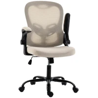 HOMCOM Ergonomischer Bürostuhl, Mesh-Bürosessel, hochklappbare Armlehnen, höhenverstellbar, Wippfunktion, Beige(m-8)