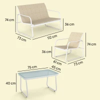 Outsunny Conjunto Jardín Exterior de 4 Piezas con Sofá de 2 Plazas 2 Sillones Mesa de Vidrio Templado Tela Textilene Caqui(m-3)