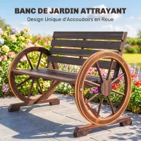 Outsunny Banc de Jardin banc 3 places banc en bois Style Rustique Chic accoudoirs Roues Charette Bois Sapin traité carbonisation(m-6)
