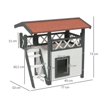 PawHut Cabane Chat Extérieur avec Terrasse, Escalier, Toit, Niche Villa, 77 x 50 x 73 cm Blanc et Rouge(m-3)