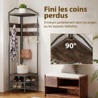 HOMCOM Meuble d'entrée d'angle, vestiaire à 4 niveaux, rangement pour chaussures, 8 patères mobiles, 2 étagères, brun rustique(m-5)