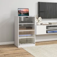 HOMCOM 4-Tier Hi-Fi Stand,  Record Player Stand with Adjustable Shelves and Push-to-Open Glass Doors, White Wood-Effect(m-2)