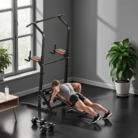 HOMCOM Power Tower Pieghevole con Panca Piana Regolabile, Rack Palestra Multifunzione con Barre per Dip e Trazioni, Altezza Regolabile 7 Livelli, in Acciaio, Allenamento Fitness Casa Palestra, Rosso(m-10)