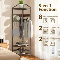 HOMCOM Meuble d'entrée d'angle, vestiaire à 4 niveaux, rangement pour chaussures, 8 patères mobiles, 2 étagères, brun rustique(m-4)