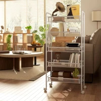 HOMCOM Carrito Auxiliar con Ruedas de 5 Niveles con Cestas de Malla Extraíbles y Marco de Acero 45x26,5x106 cm Blanco(m-7)