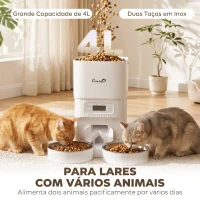 PawHut Alimentador Automático para Gatos/Cães 4L com 2 Tigelas, Dispensador de Ração 1-6 Refeições por Dia e Dupla Alimentação(m-4)