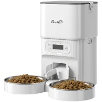 PawHut Alimentador Automático para Gatos/Cães 4L com 2 Tigelas, Dispensador de Ração 1-6 Refeições por Dia e Dupla Alimentação(m-11)