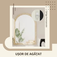 HOMCOM Oglindă de perete în formă de arc cu margine canelată și cârlige, din sticlă și polistiren, 60x2x90 cm, bej(m-5)