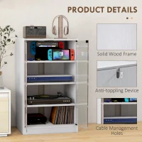 HOMCOM 4-Tier Hi-Fi Stand,  Record Player Stand with Adjustable Shelves and Push-to-Open Glass Doors, White Wood-Effect(m-6)