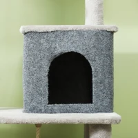 PawHut Copac pentru Pisici Multifuncțional, Înalt de 132 cm, cu Căsuță, Pat, Stâlpi de Zgâriat, Perie și Minge, Gri(m-8)