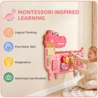 AIYAPLAY Busy Board Panels, Wall Mounted Montessori Inspired Busy Board, Toddler Learning Centre Dinosaur Theme, Pink(m-5)