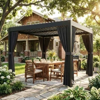 Outsunny 3 x 3 m Louvered Pergola with Adjustable Metal Louvred Roof, Aluminium Patio Gazebo with Netting and Curtains, Dark Grey(m-14)